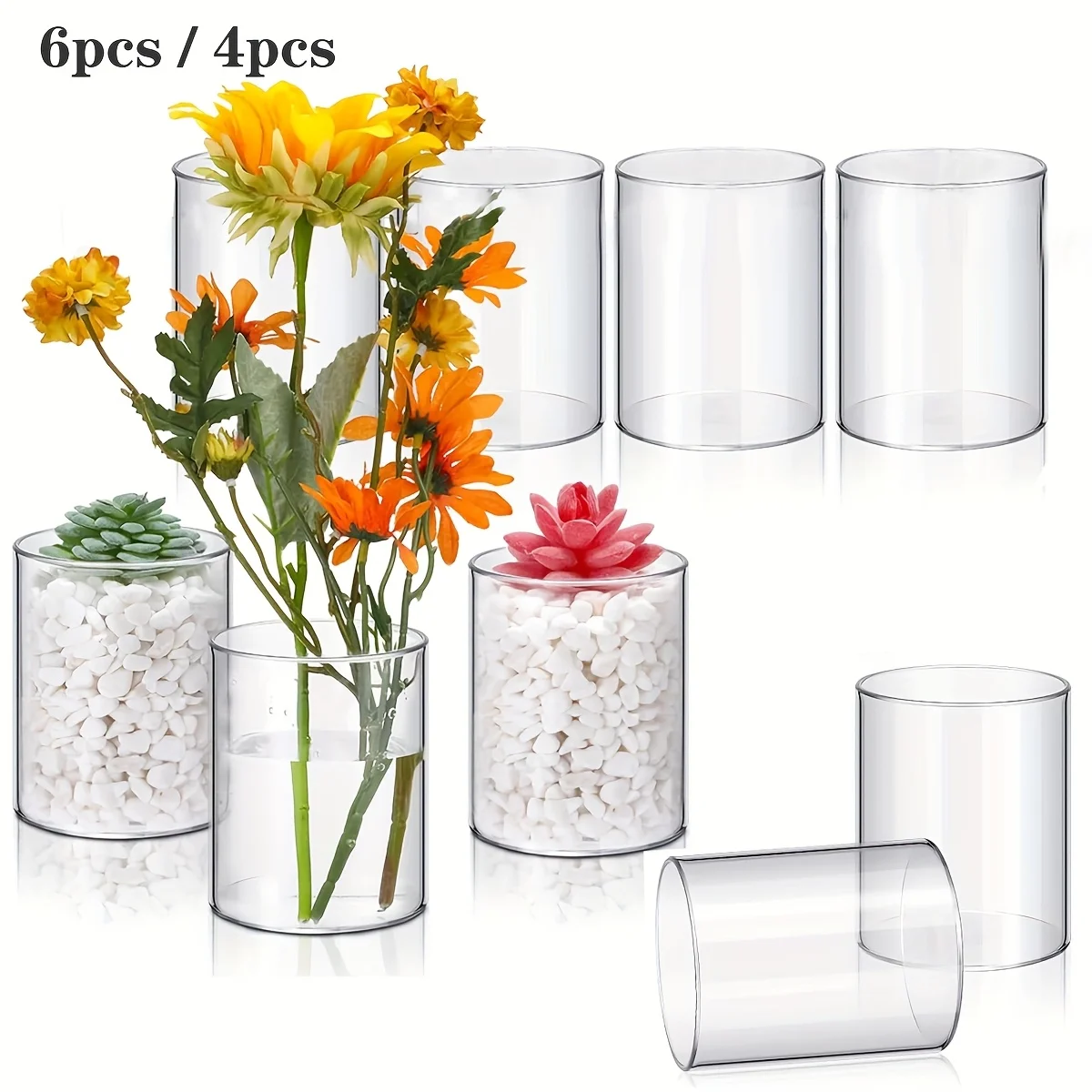 6/4 Pcs Plastic Cylinder Vase Acrylic Cylinder Vase Small Clear Flower Container Hurricane Candle Holder Round Wide Container