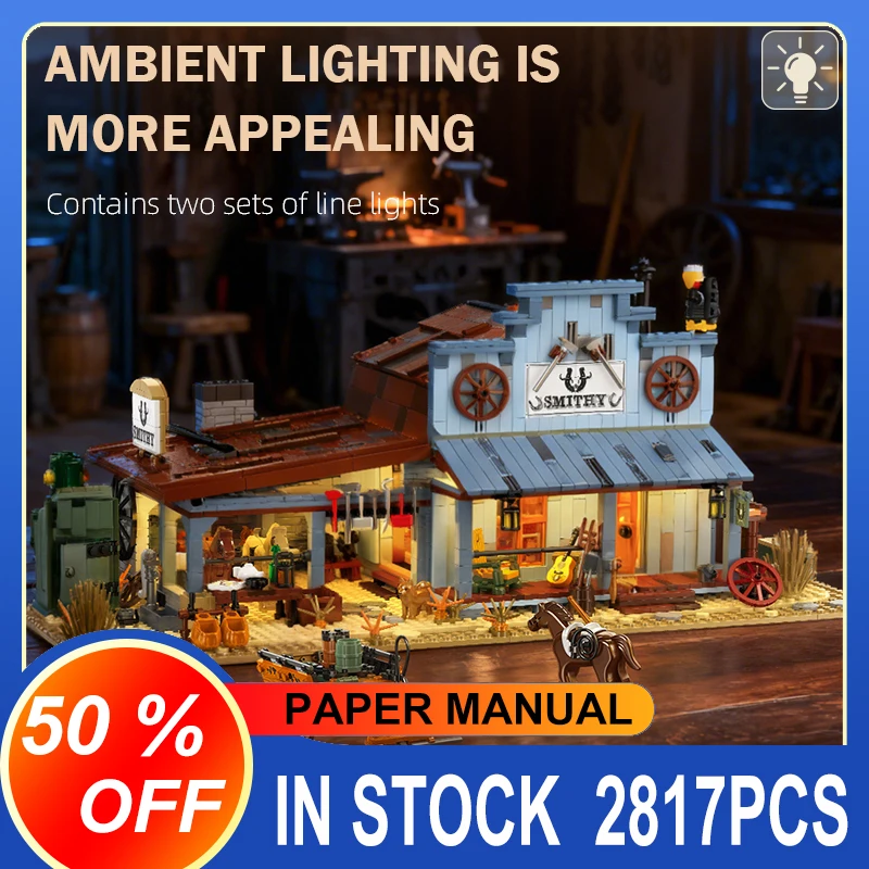 

JIESTAR Western Blacksmith Shop Подкова Развивающее здание 89145 Наборы строительных блоков Кирпичи Игрушечный город Подарок на день рождения для подарка