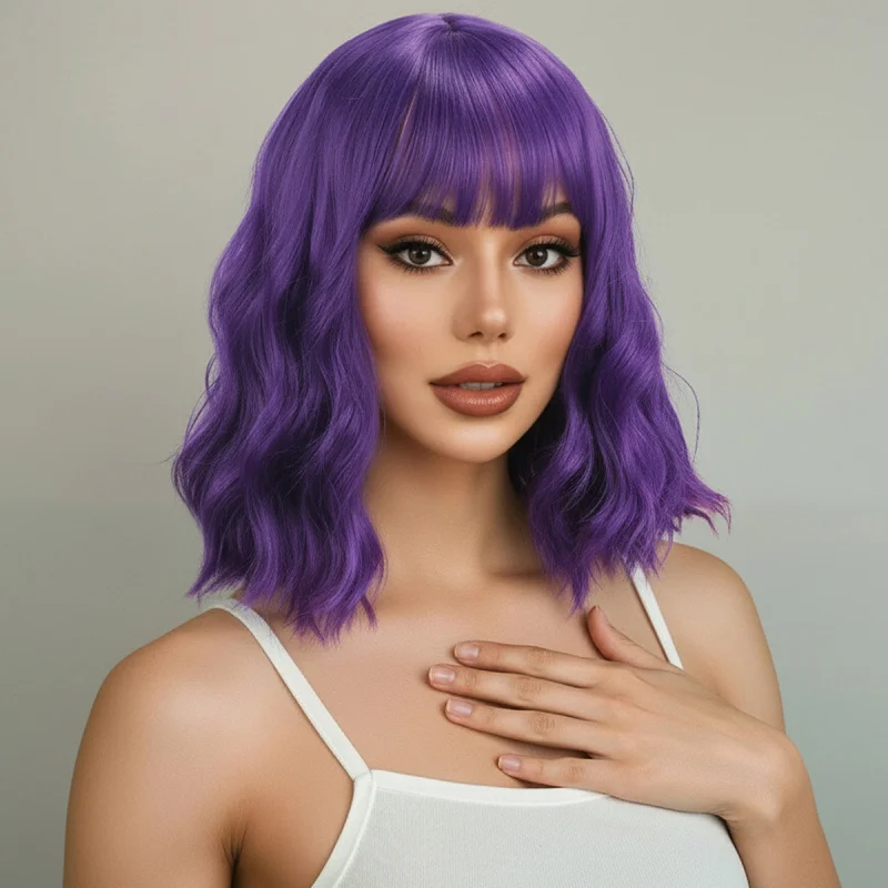 Music Festival Purple Straight Bangs Bob Short Curly Hair Corn Perm Shoulder-Length Cosplay Synthetic Wig Women's Hairstyle Hall - view 3
