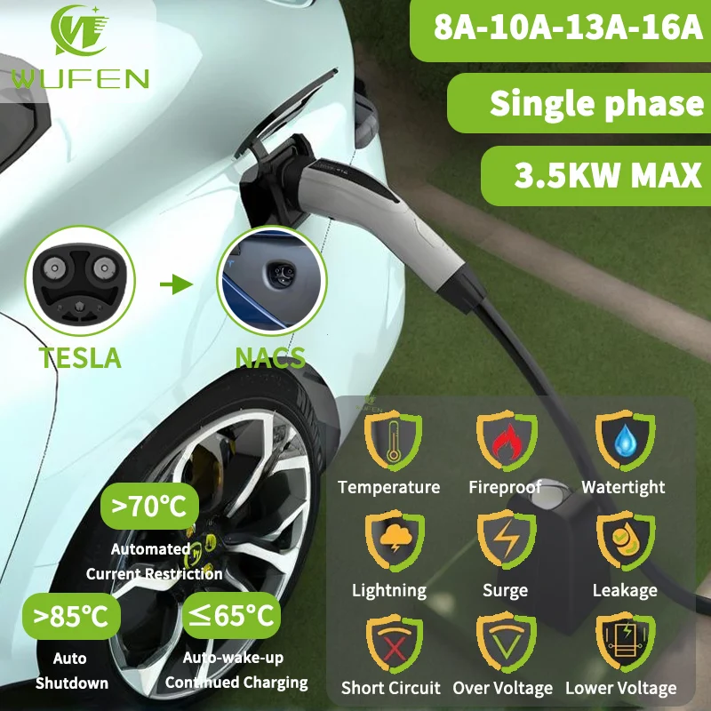 WUFEN 2025 Tesla Model 3 y s x Автомобильное зарядное устройство NACS 3,5 кВт Портативное домашнее зарядное устройство TPC/Tesla 16A 1 фаза 220 В EV Appointme Charging Pile