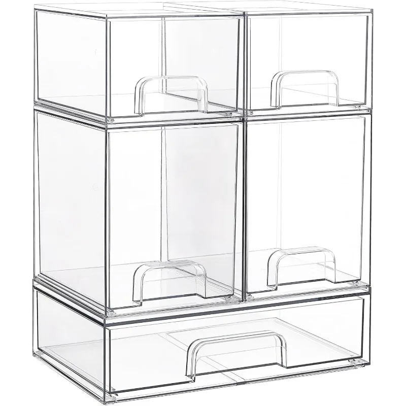 Stackable Storage Drawers Set of 5, Clear Plastic Organizer Bins for Beauty Supplies,Ideal for Vanity, Bathroom,Cabinet