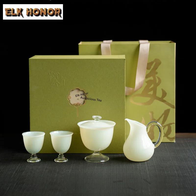 Ästhetisches Mondlicht-Weißes Glas-Teeservice Komplettes Set Handgefertigtes Teezeremonie-Set Teekanne und Teetassen-Set Tee-Zubehör Dekoration