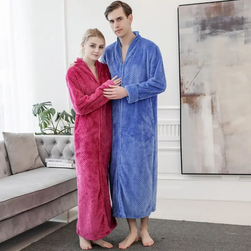 Men Winter Extra Long Thick Warm Bath Robe Plus Size Zipper Luxury Flannel Peignoir Pregnant Bathrobe Women Coral Fleece Robes