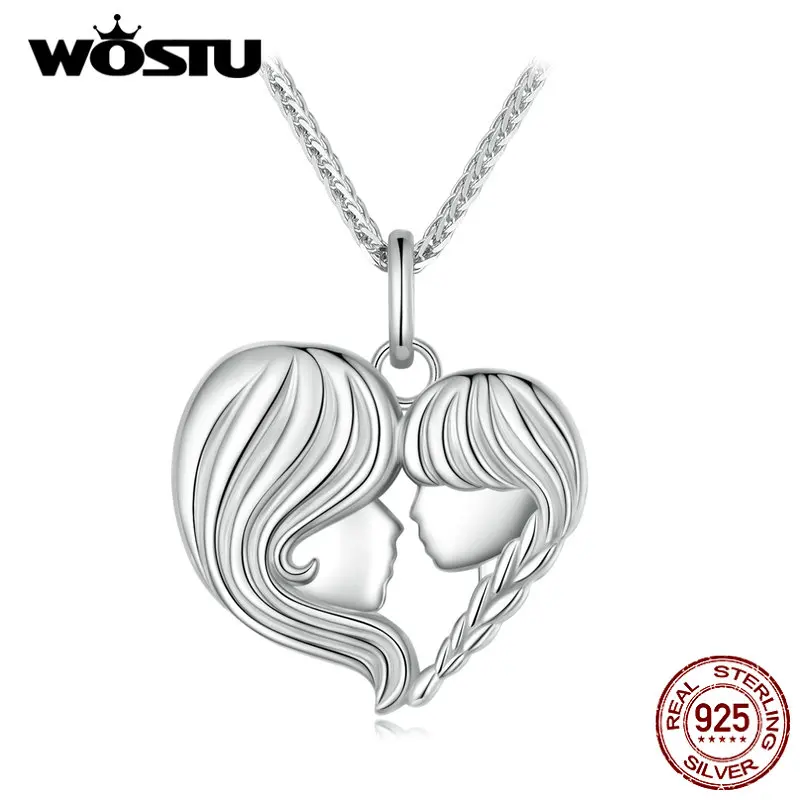 WOSTU 925 Sterling Silver Mother Daughter Heart Charm Necklace Lovely Heart-shaped Red Zircon Chain Necklaces Gift For mom