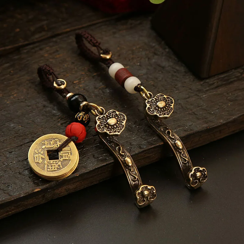 Brass Ruyi key chain Accessories Lucky Chinese Fengshui KeyRing Zhaocai Five Emperor Coins keychains Car Key bag Pendant Jewelry