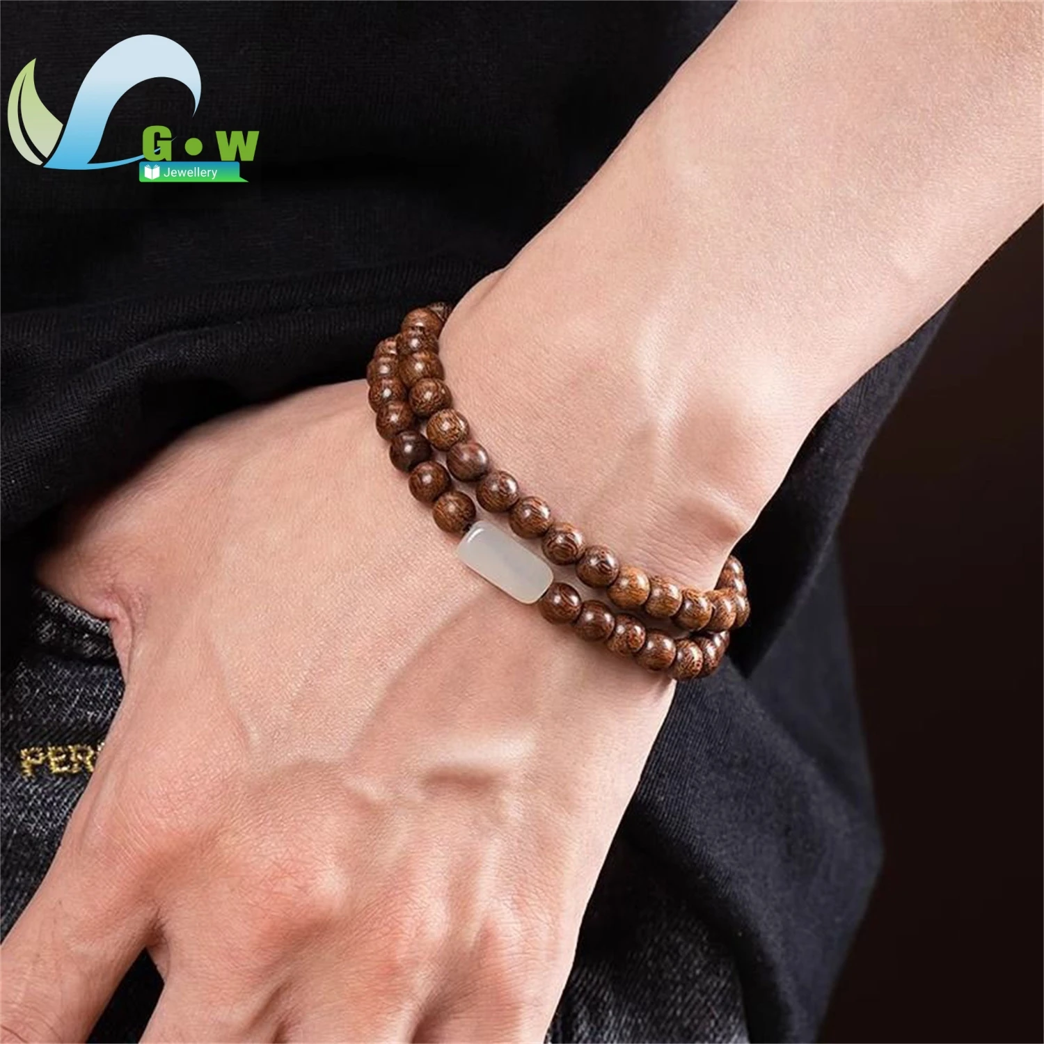 Handmade Natural Sandalwood Nephrite Double Strand Beaded Bracelet Unisex Buddhist Prayer Jewelry Minimalist Gift for Women Men
