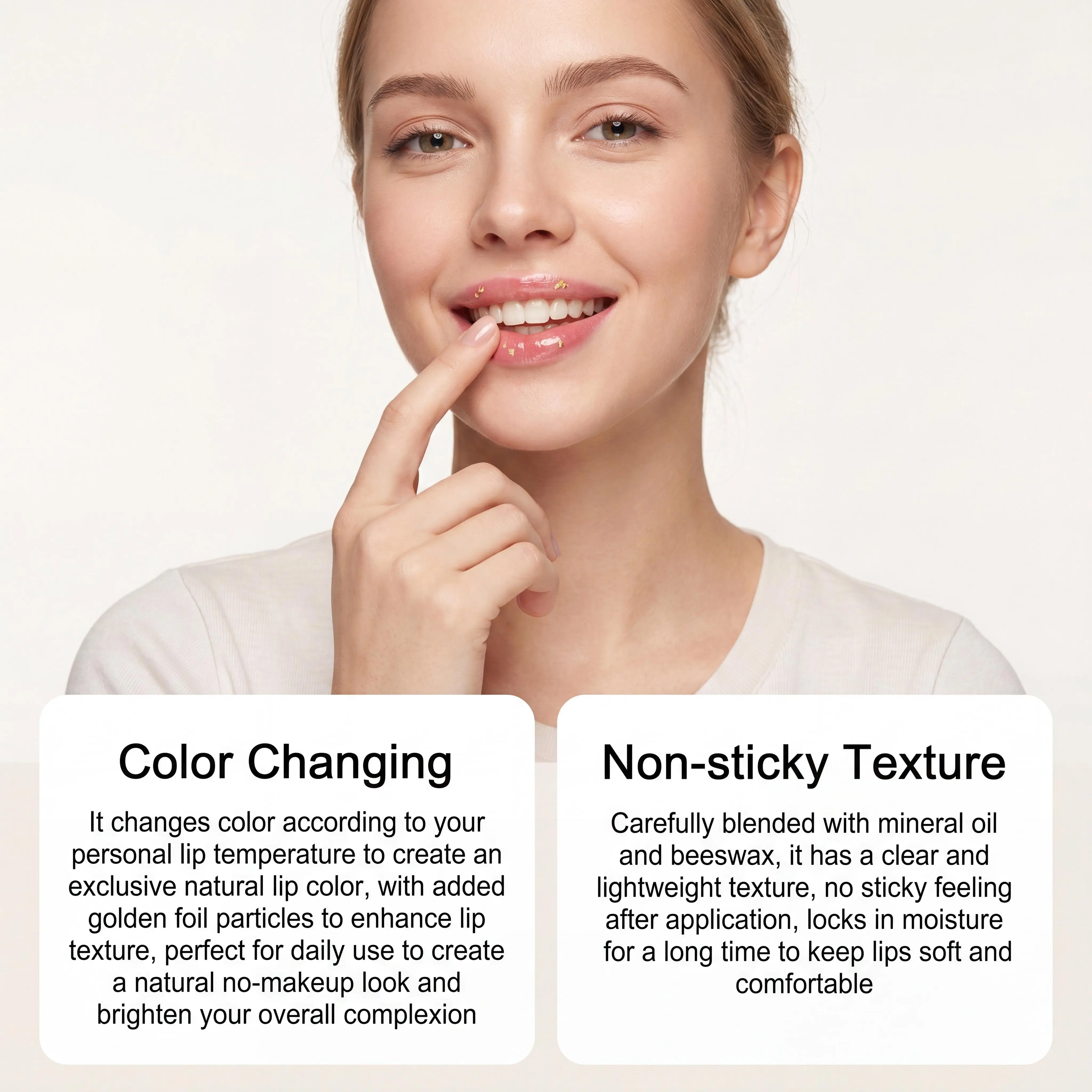 Goldfolie Farbwechselnder Lippenbalsam Anpassung an den Lippenton Transparenter Wasserfester Kristall-Jelly Perlglanz-Lipgloss Feuchtigkeitsspendender Lippenstift – Detail 7