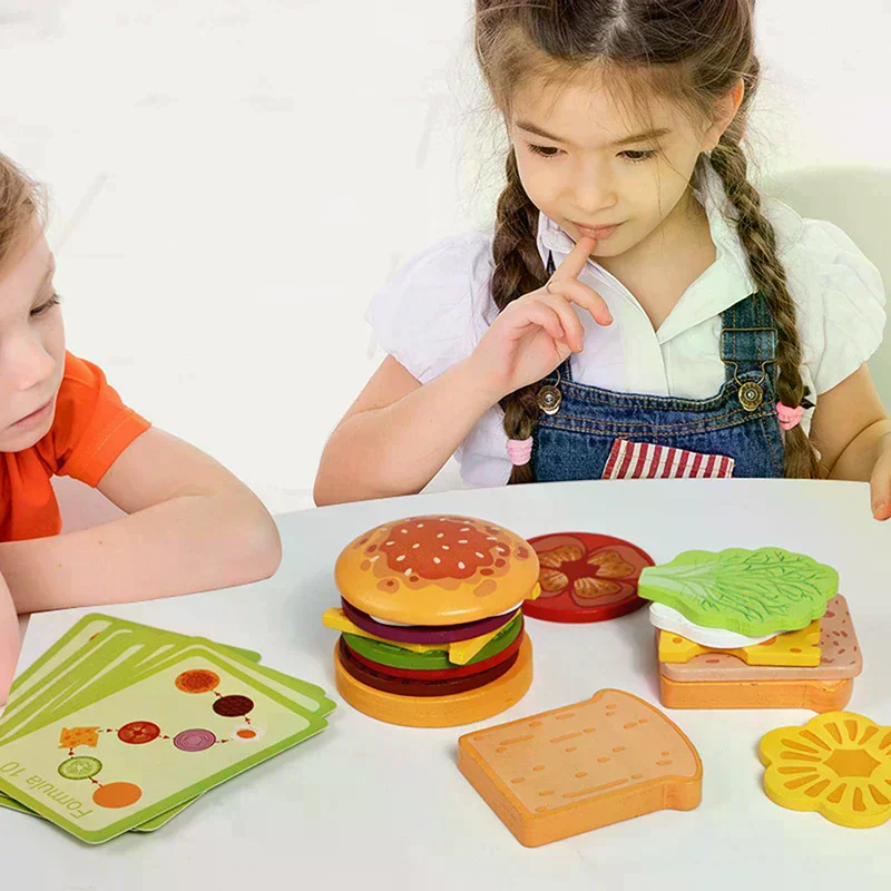 Wooden Hamburg Sandwich Stacking Toys For Toddlers And Kids Montessori Preschool Educational Toys Fine Motor Skill Kitchen Toy