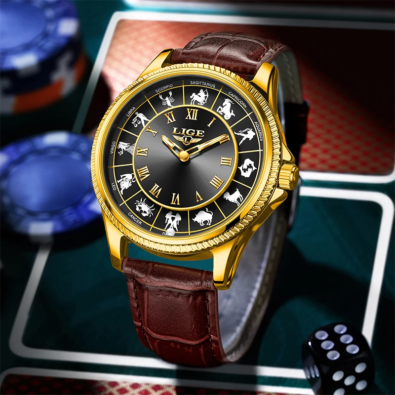 New LIGE Creative Luxury Watches for Men Waterproof Luminous Constellation Series Brown Leather Casual Watch Relogios Masculino