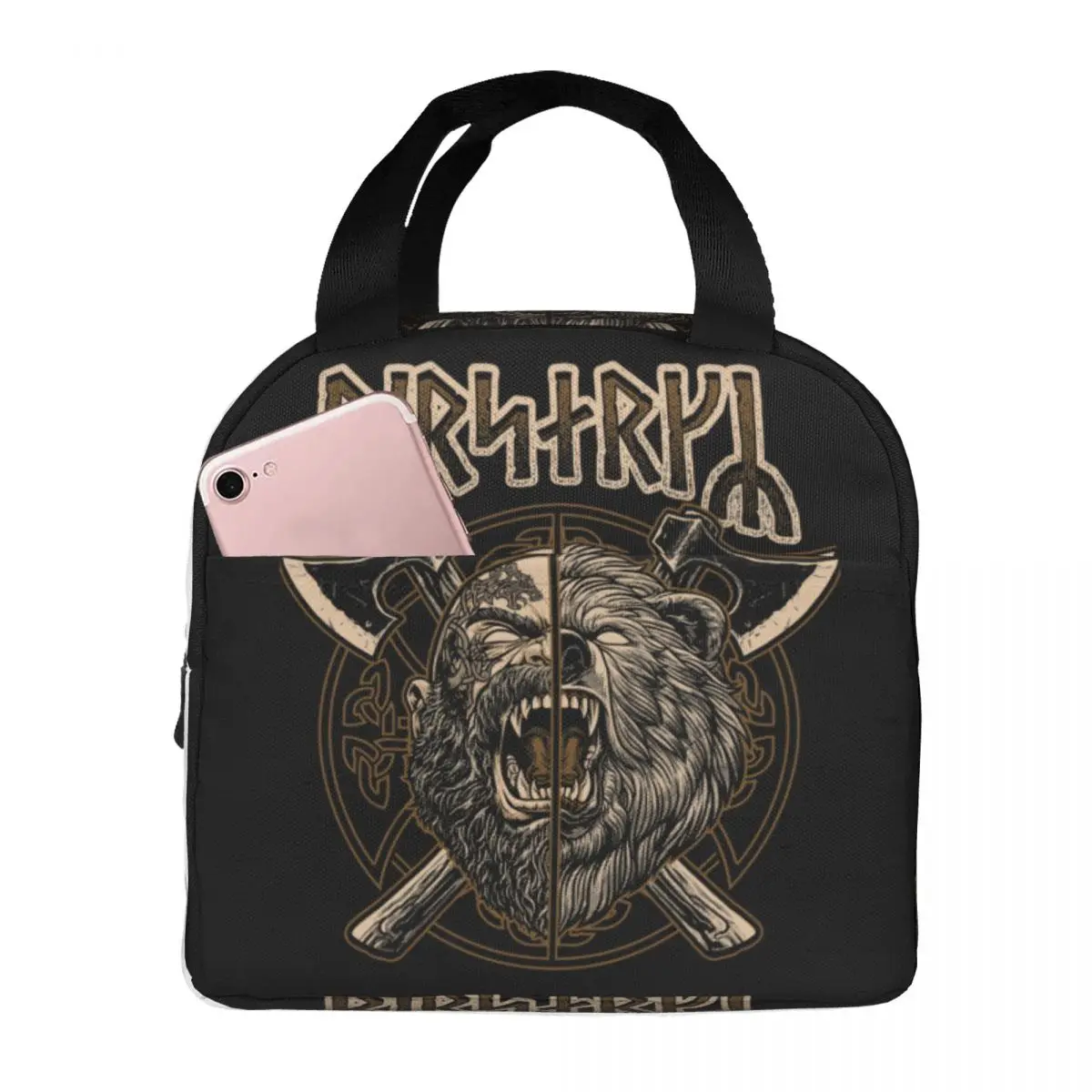 Norse Viking Berserker Pagan Bear Warrior Futhark Runes Insulated Lunch Bags Outdoor Picnic Portable Cooler Thermal Bento Box