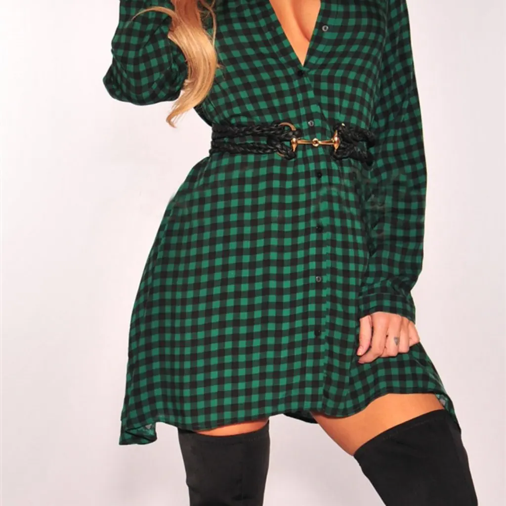 

Sexy Fashion Women's Long Sleeve Plaid Shirt Skirt Set European American Style One-Piece Design by
