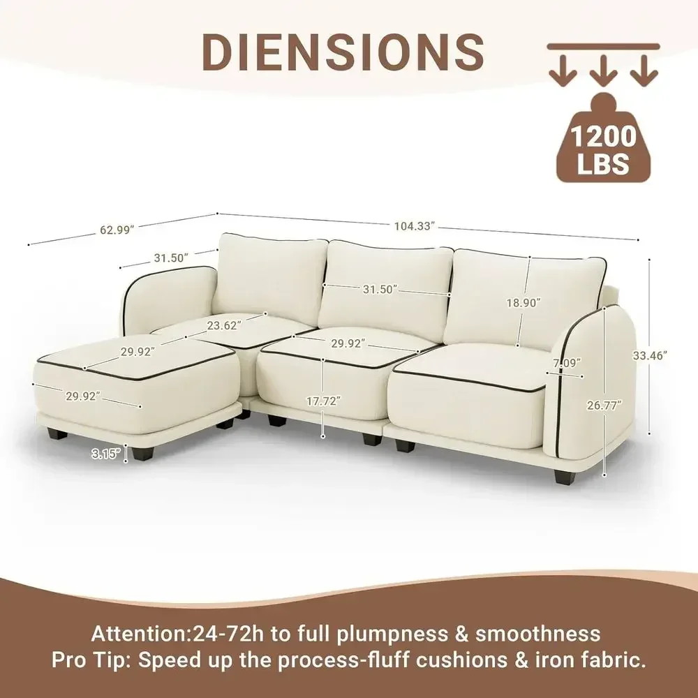 104 Inch L Shaped ular Sectional Soa, 4 Seater ern Cloud Chenille Comy Couch with Movable Ottoman & 3 Back Pillows, Oversized Co