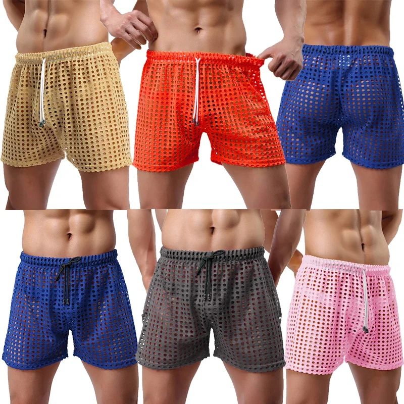 Sexy Men Casual Shorts Hollow Out Loose Breathable Panties Underwear Summer Board Shorts See Through Underpants Briefs 2XL