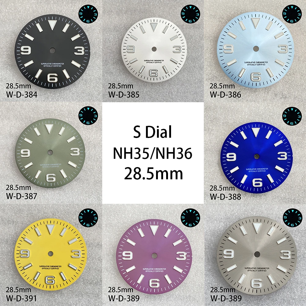 

28.5mm S Logo Ex plorer Sunburst Dial Fit NH35/NH36/4R/7S Movement Ice Blue Luminous high-Quality Watch Modification Accessories