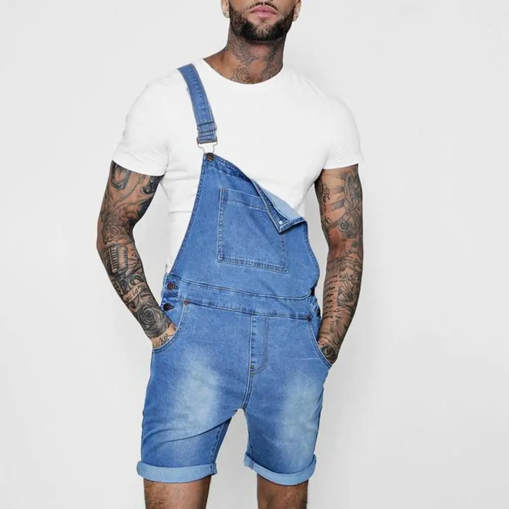 Men Denim Jumpsuit Rolled Edges Vintage Romper Joggers Jumpsuit Multi Pockets Bib Overalls Casual Trousers Men Cargo Overalls