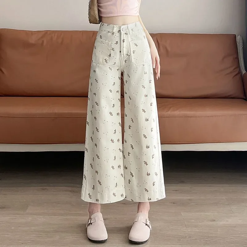 Korean Style Cartoon Bear Printed High Waist Loose Wide Leg Denim Cropped Pants