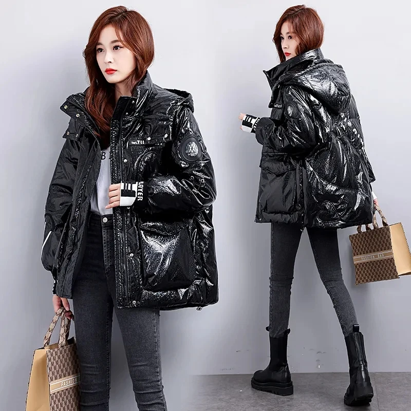 Womens Loose Print Padded Down Jacket Cotton Coat Bright Wash Free Thicken Parkas Female Outerwear New Winter Jackets