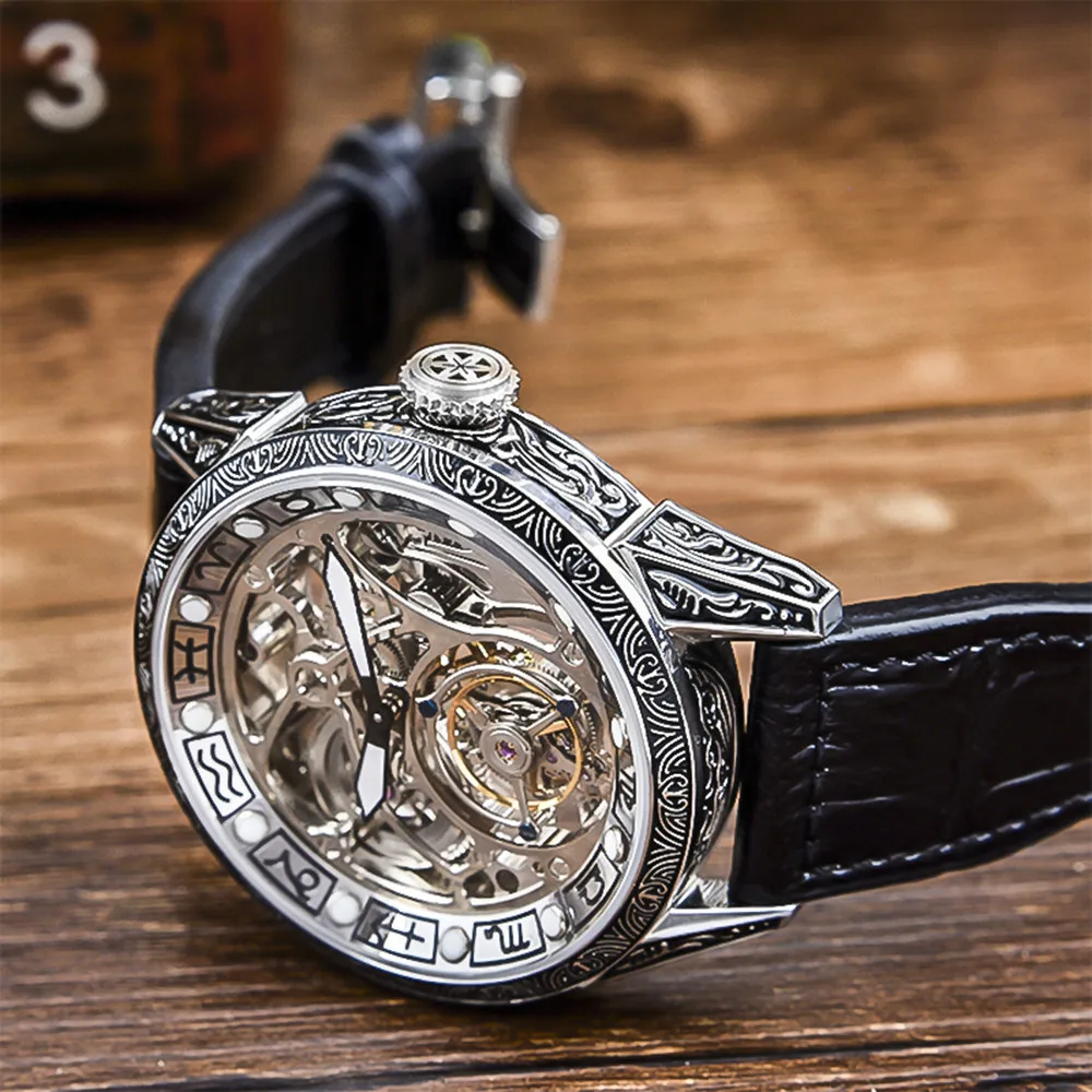 Classical Carved Large Dial Mens mechanical Wrist watch Tourbillon movement 50m Fashion Men Skeleton Tourbillon Watches AOHAOHUA