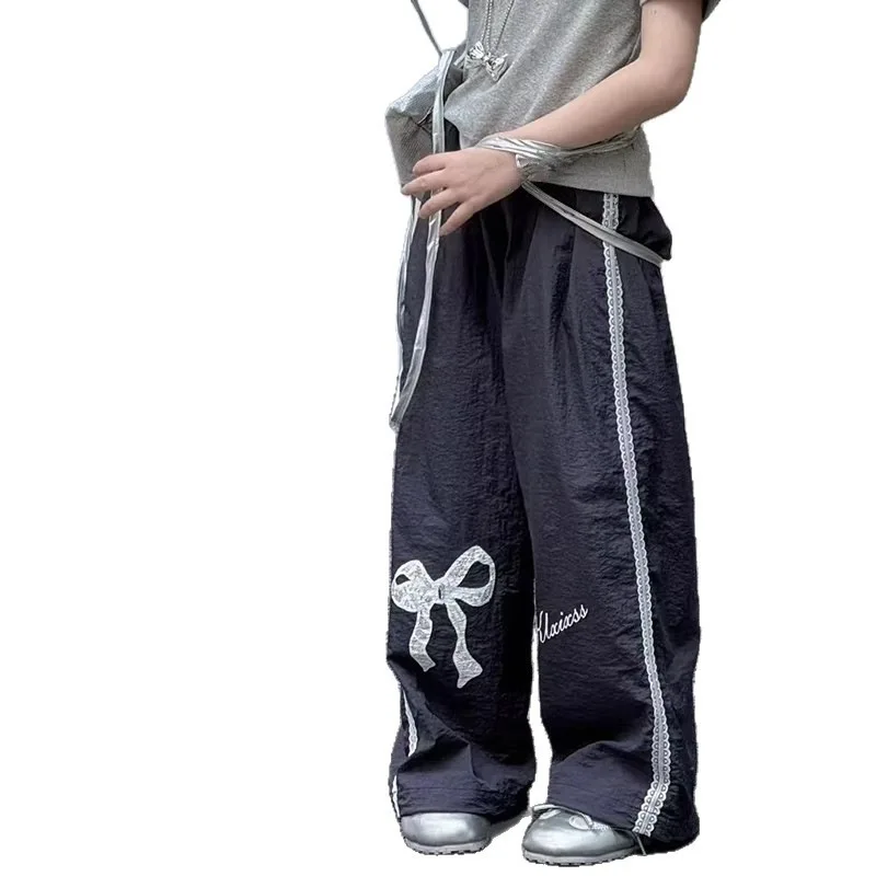 2025 1pc pant new autumn teens tracksuit striped bow hip hop Girls cloth casual loose wide leg Cargo Kid 4 5 8 10 12 14 year