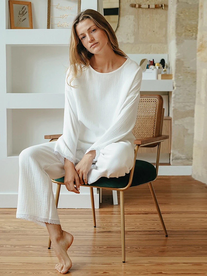 Marthaqiqi Cotton White Women Sleepwear Suit O-Neck Nightgowns Long Sleeve Pajamas Pants Loose Lace Ladies Nightwear 2 Piece Set