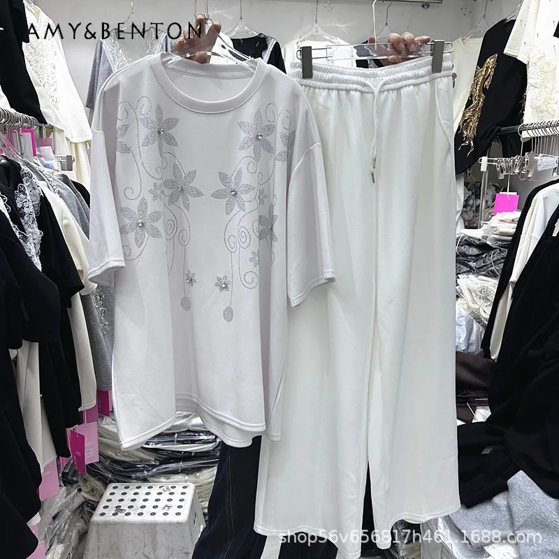 

Fashion Design Rhinestone Floral Embellishments Loose-fitting Short-sleeves T-shirt + Elastic-waist Wide-leg Pants Two-piece Set