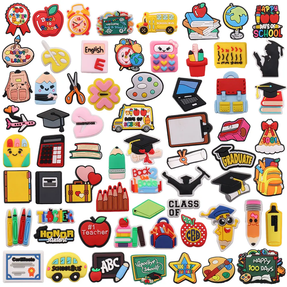 Mix 100pcs Shoe Charms Celebrate Graduate Honor Student Welcome Back To School Apple Button Accessories Fit Woman Backpack Gift