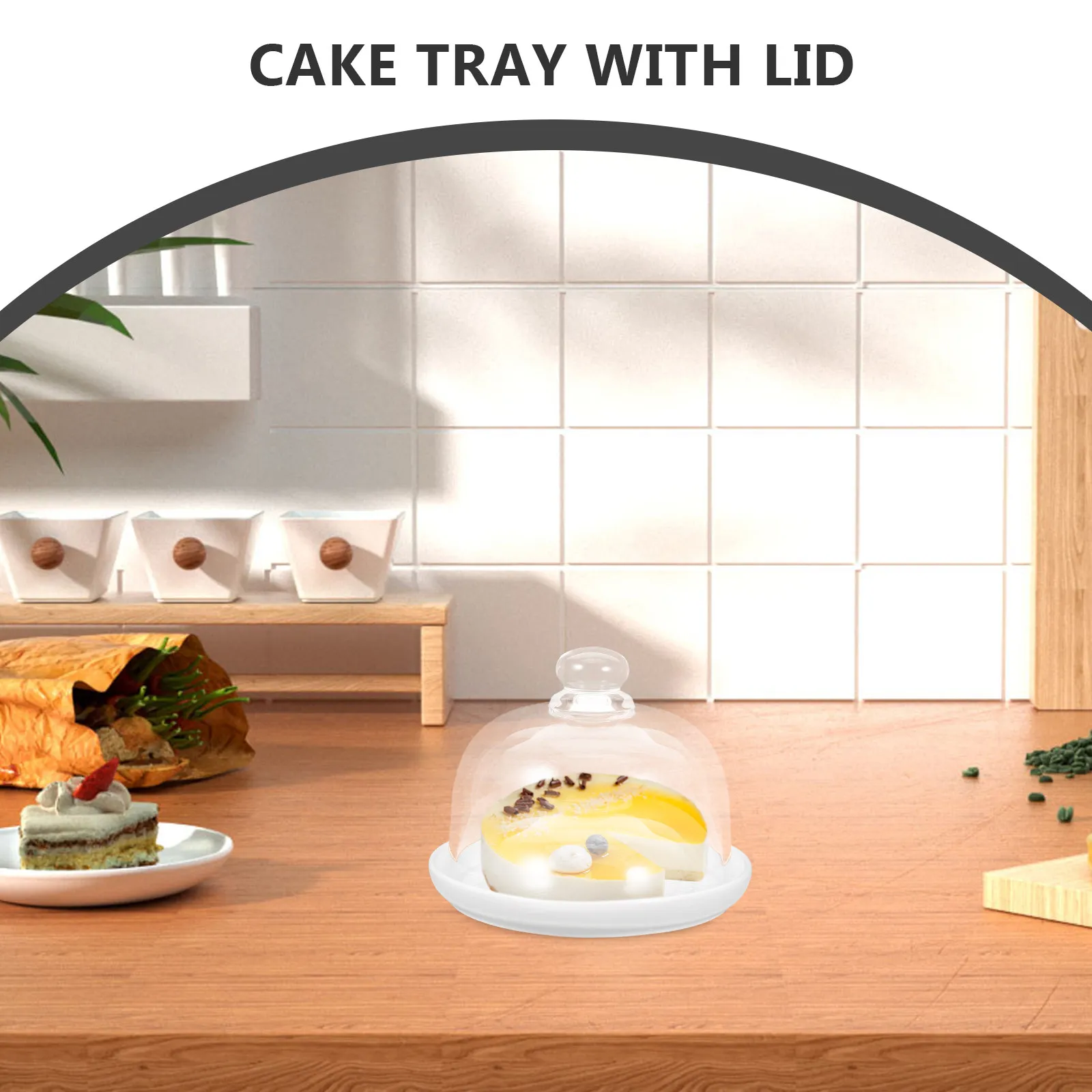 1Set Ceramic Cake Tray with Glass Cover Transparent Food Protector Dessert Display Dome Fresh Food Seal Insect Proof Kitchen - view 5