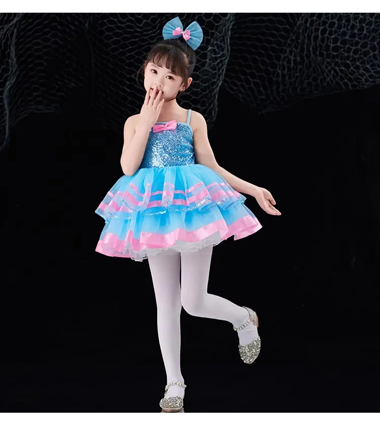 الترتر ملابس رقص الفتيات غنائية المعاصرة حرة الأزرق فستان رقص حديث الفتيات الأطفال مرحلة ارتداء مهرجان الاحتفال