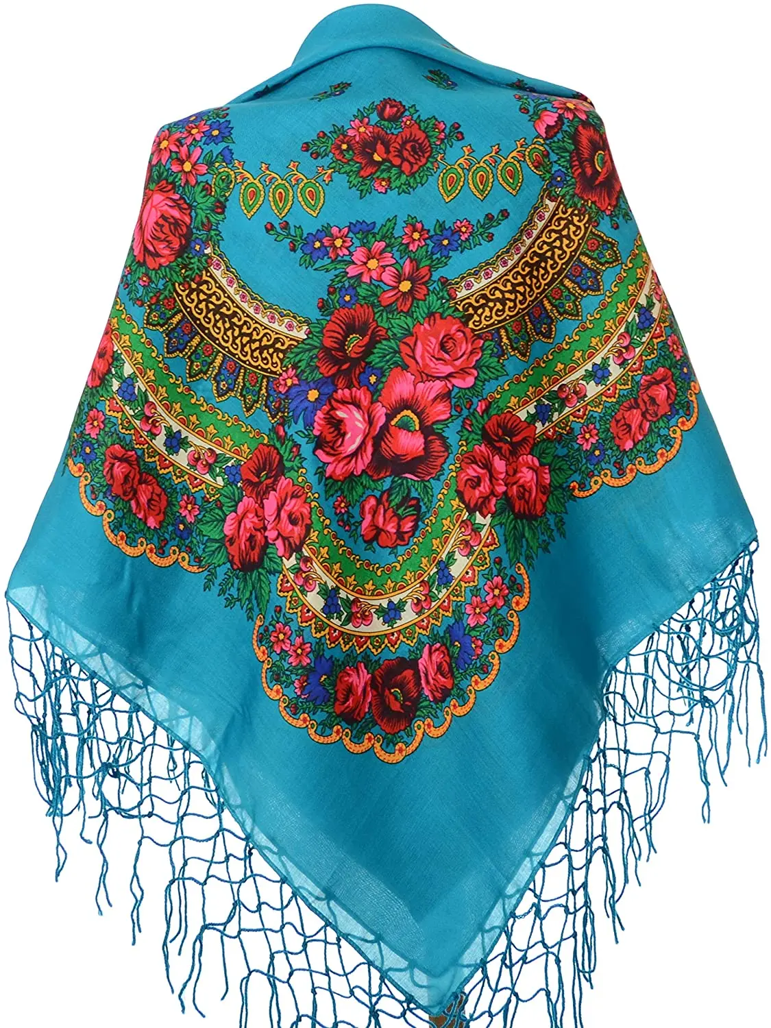 Women\'s Traditional Scarf Fringed Neck Head Scarves Retro Floral Printing babushka Scarf Big Square Russia Bandana Headpiece