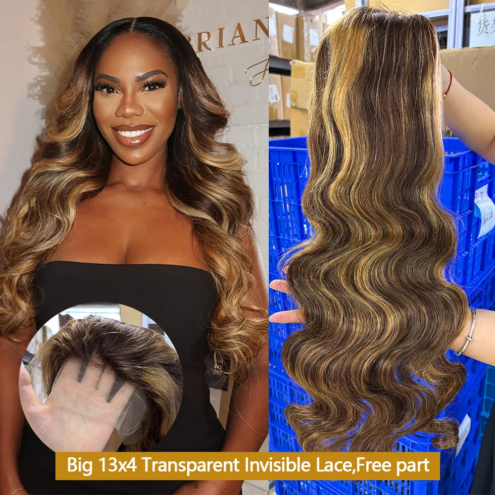 P4 27 Highlight Body Wave 13x4 Lace Front Perücke aus Echthaar, brasilianische transparente HD-Lace-Perücke, vorgezupfte Babyhaare, freier Scheitel, Ombré-Braun-Honigblond, farbige Lace-Front-Perücken