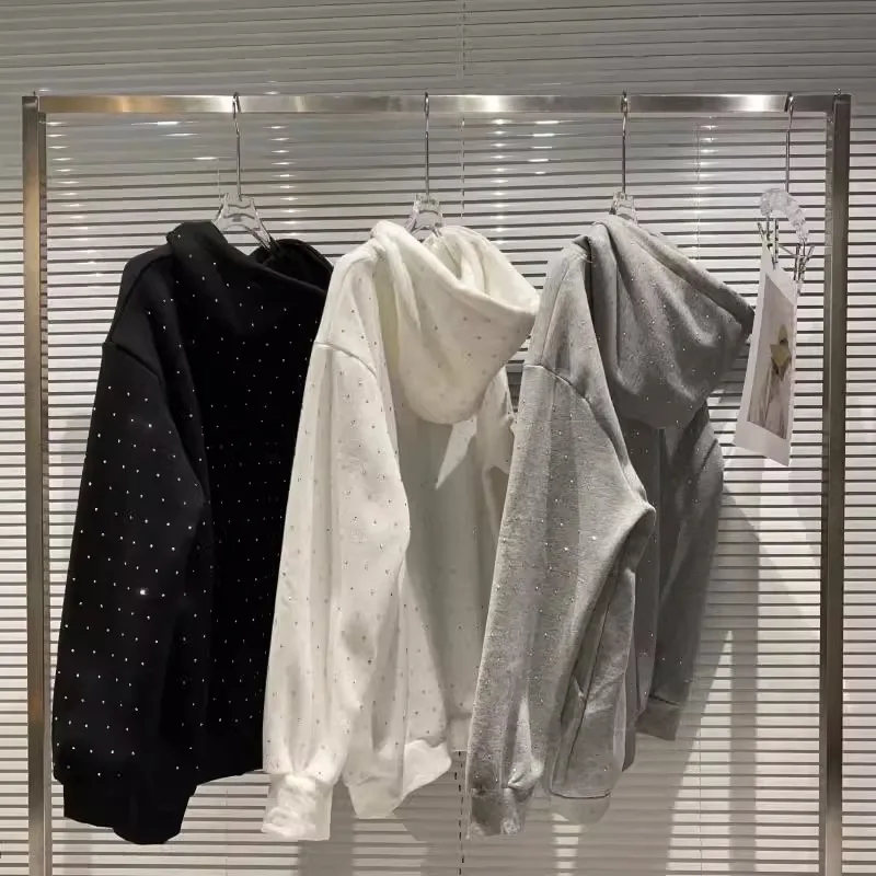 Full Rhinestone Hooded Sweatshirt For Women Spring Autumn Sequin Appliques Hoodie American Casual Fashion Shiny Pullover Tops