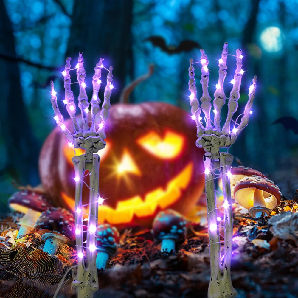 A Pair of Solar Powered Ground Plug Simulated Skeleton Hand Decorative Lights,Halloween Light Outdoor Decorations,Larga Duración