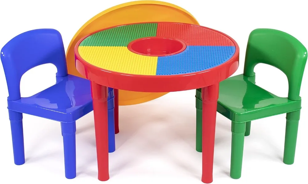 

Round Kids 2-in-1 Plastic Building Blocks-Compatible Dry Erase Activity Table and 2 Chairs Set in Red/Green/Blue Primary Colors