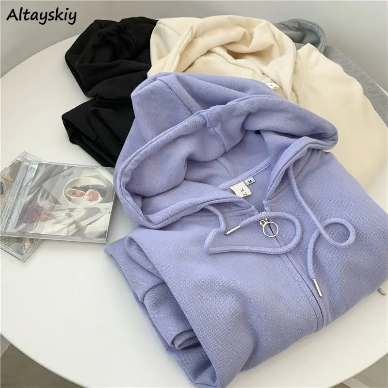 

Zip-up Hoodies Women Casual All-match Ulzzang Pockets Solid Purple Hooded Sweatshirts High Street Loose Outwear Students Stylish