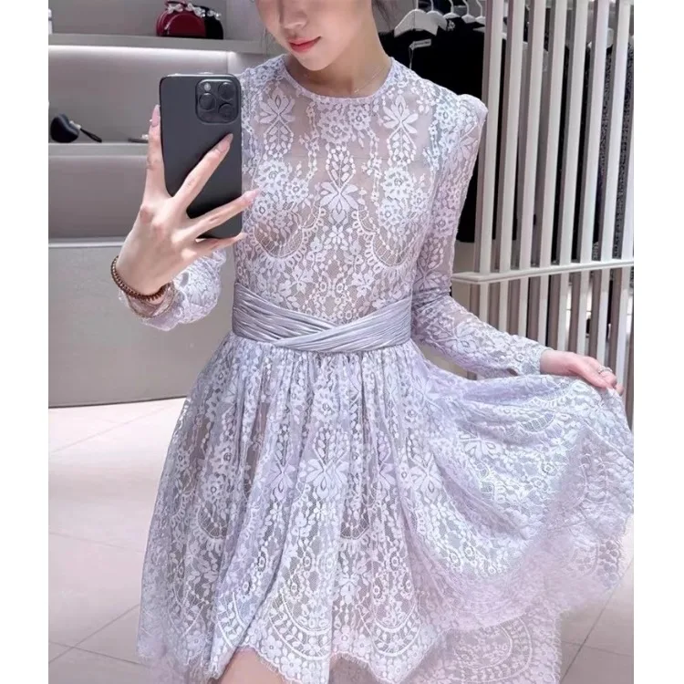 

Элегантное фиолетовое кружевное платье с длинными рукавами и круглым вырезом, женское, весна-лето-осень, миди, с завышенной талией, асимметричная юбка