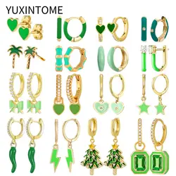 925 Sterling Silver Ear Needle Cute Candy Green Enamel Hoop Earrings For Women Heart Star Pendant Earrings Fashion Jewelry Gifts