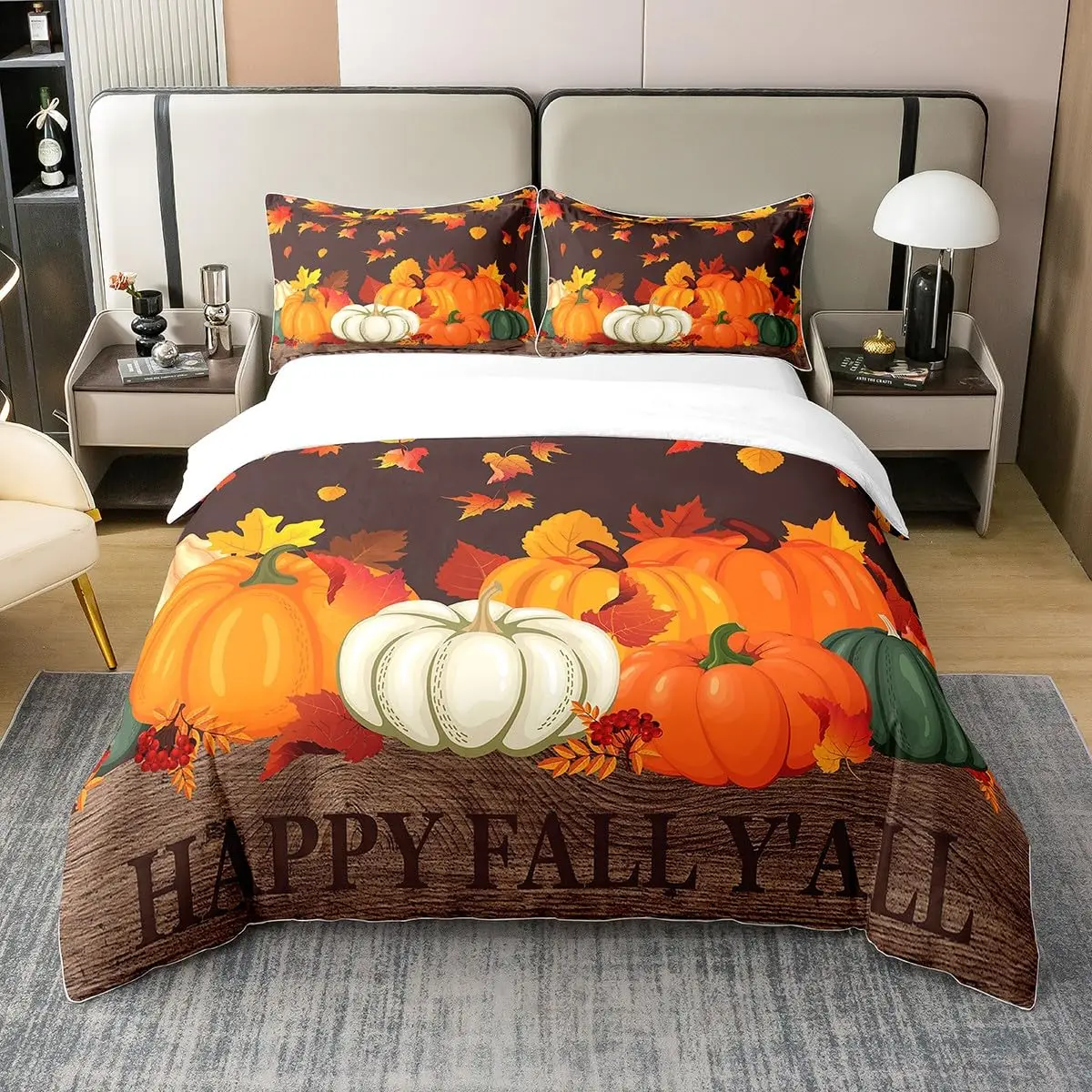 Thanksgiving Bedding Set, Kids Turkey Duvet Cover Full Size Comforter Cover, Fall Maple Bed Sets with 2 Pillowcase Room Decor