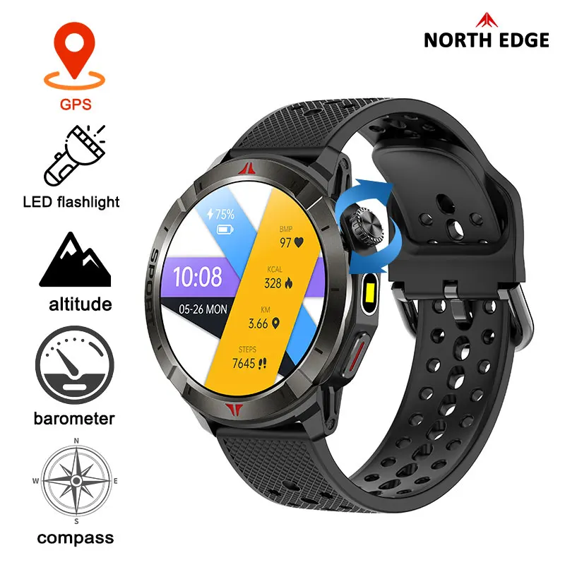 NORTH EDGE GPS Smart Watch 1.43'' Amoled Display AOD Bluetooth Call Altitude Barometer Compass LED Flashlight World Time IP68