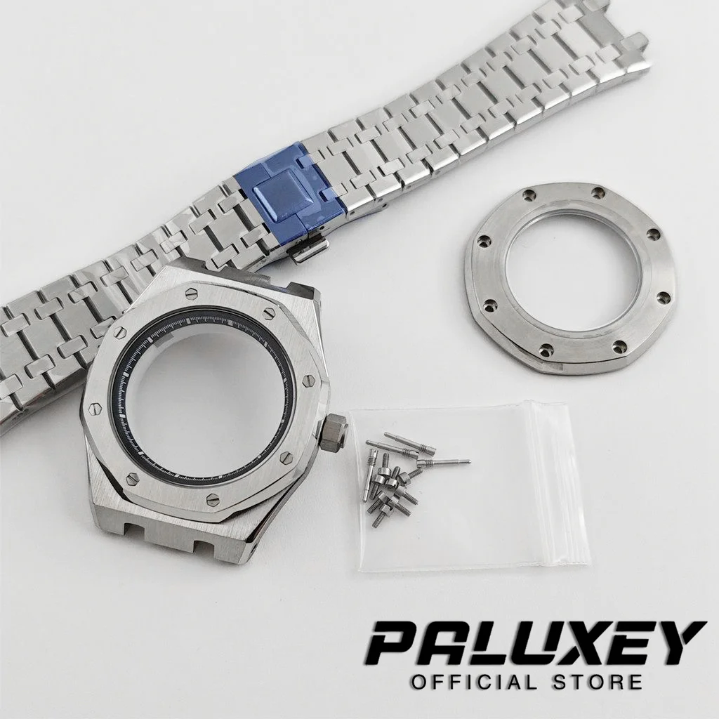 Octagonal Stainless Steel Watch Case Complete Set Metal Bracelet Screw‑Fixed Bezel For NH35 NH36 Mechanical Movement 28.5mm Dial