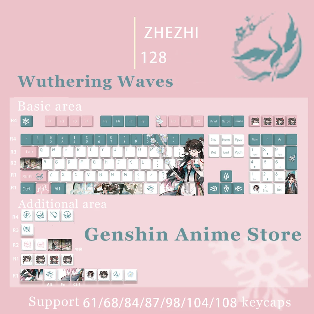 Wuthering Waves Zhezhi PBT 108/128 Key Caps Cosplay Props Axis Side Engraved Mechanicale Keycaps Gaming Tabletop Supplies