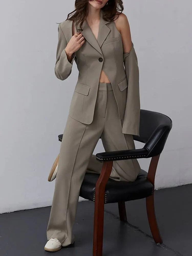 BPN Fashion Three Piece Sets For Women Notched Collar Long Sleeve Spliced Button Blazer High Waist Pants Casual Set Female Style