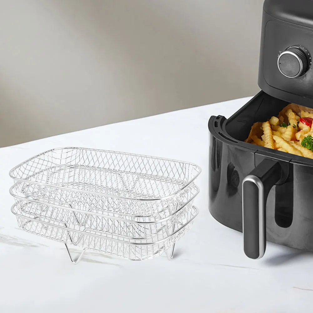 에어 프라이어 랙 에어 프라이어 오븐 그릴 스티머 스테인레스 스틸 메쉬 그릴 바구니 3 레이어 쌓을 수있는 에어 프라이어 액세서리
