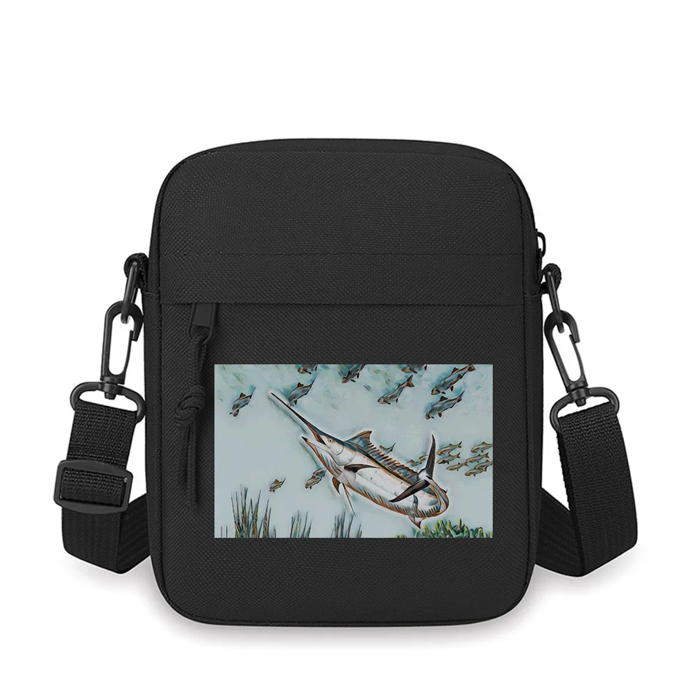 

Marlin hunting small fishes underwater. Men Crossbody Bag Single Shoulder Women Cartoon Anime Film Printing Design Unisex