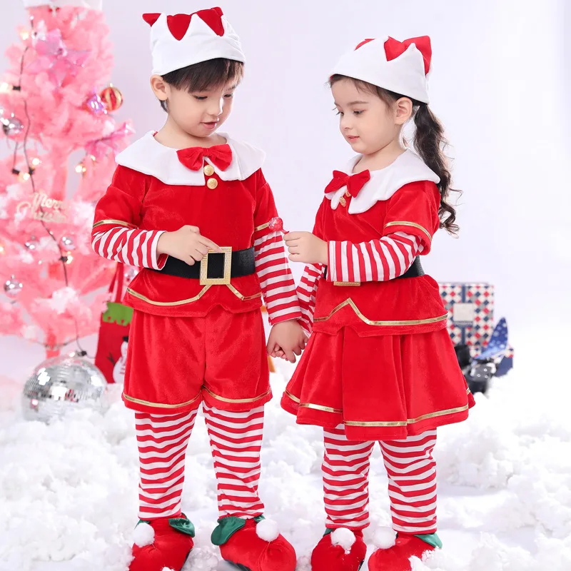 Kids Christmas Cosplay Costume Santa Claus Children Baby Xmas Outfit 5Pcs Sets Dress Pants Tops Hat Shoes Belt For Boys Girls