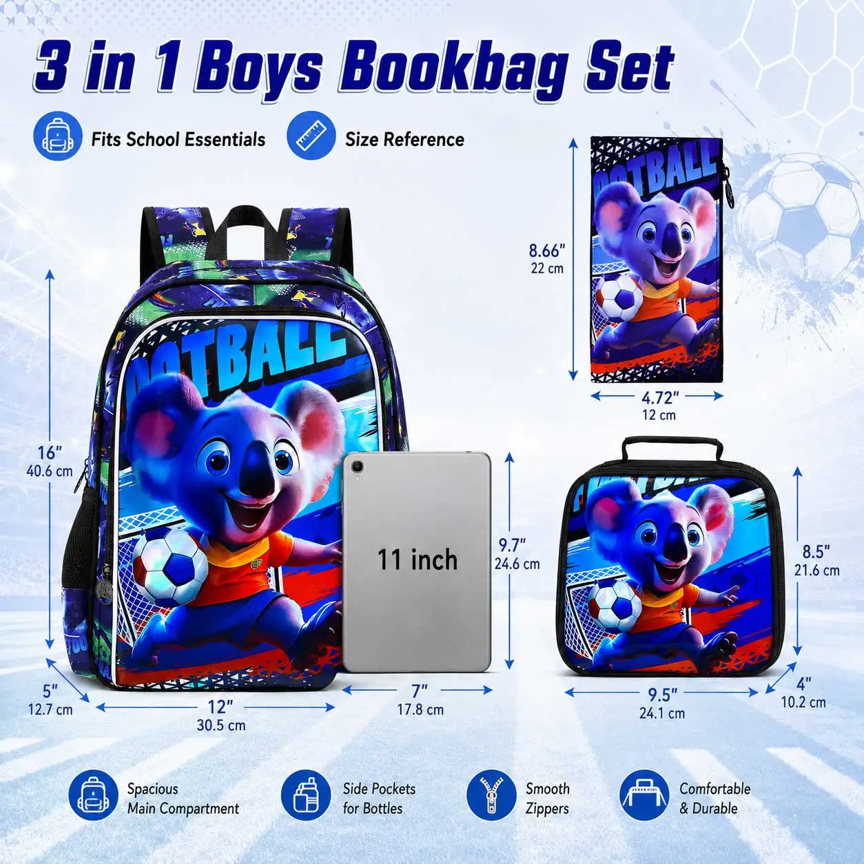 3Pcs Set 16 Inch Boys Backpack Cool Football Koala Print School Bag with Handbag Pencil Case for Little Boys School Use