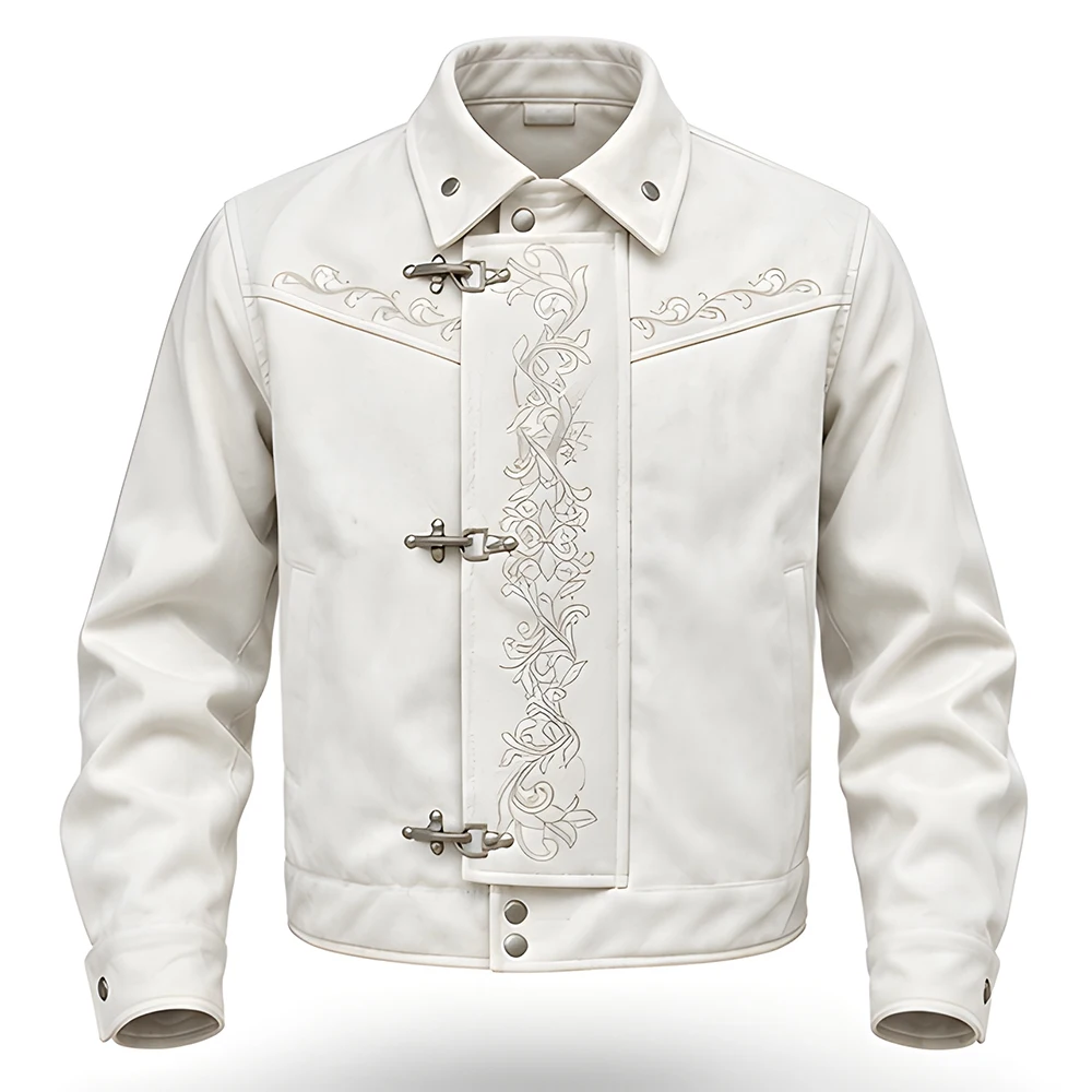 Men's Western Faux Suede Jacket Tonal Floral Embroidered Cowboy Coat Vintage Toggle Closure Snap Collar Outerwear for Gigs