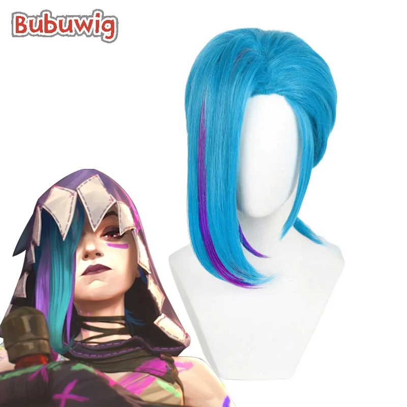 Bubuwig cabelo sintético arcane jinx cosplay perucas jogo lol temporada 2 arcane jinx 45cm longo azul misturado roxo cos peruca resistente ao calor
