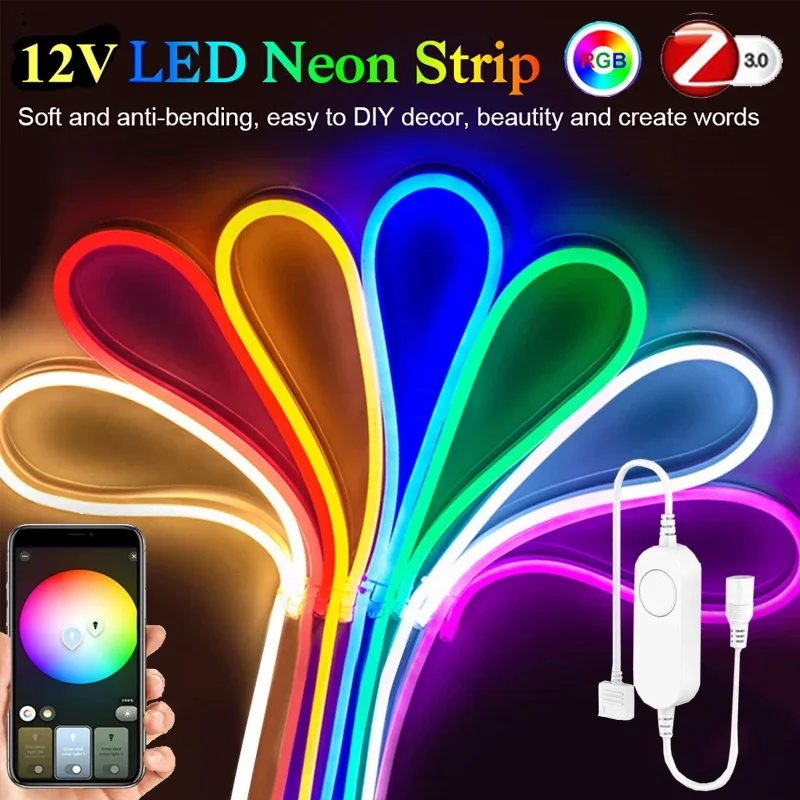 

Zigbee3.0 DC12V Neon RGB LED Strip Dimmable Smart Control Ambience Backlight Solf Tape Cabinet Light Room Decor for Google Alexa