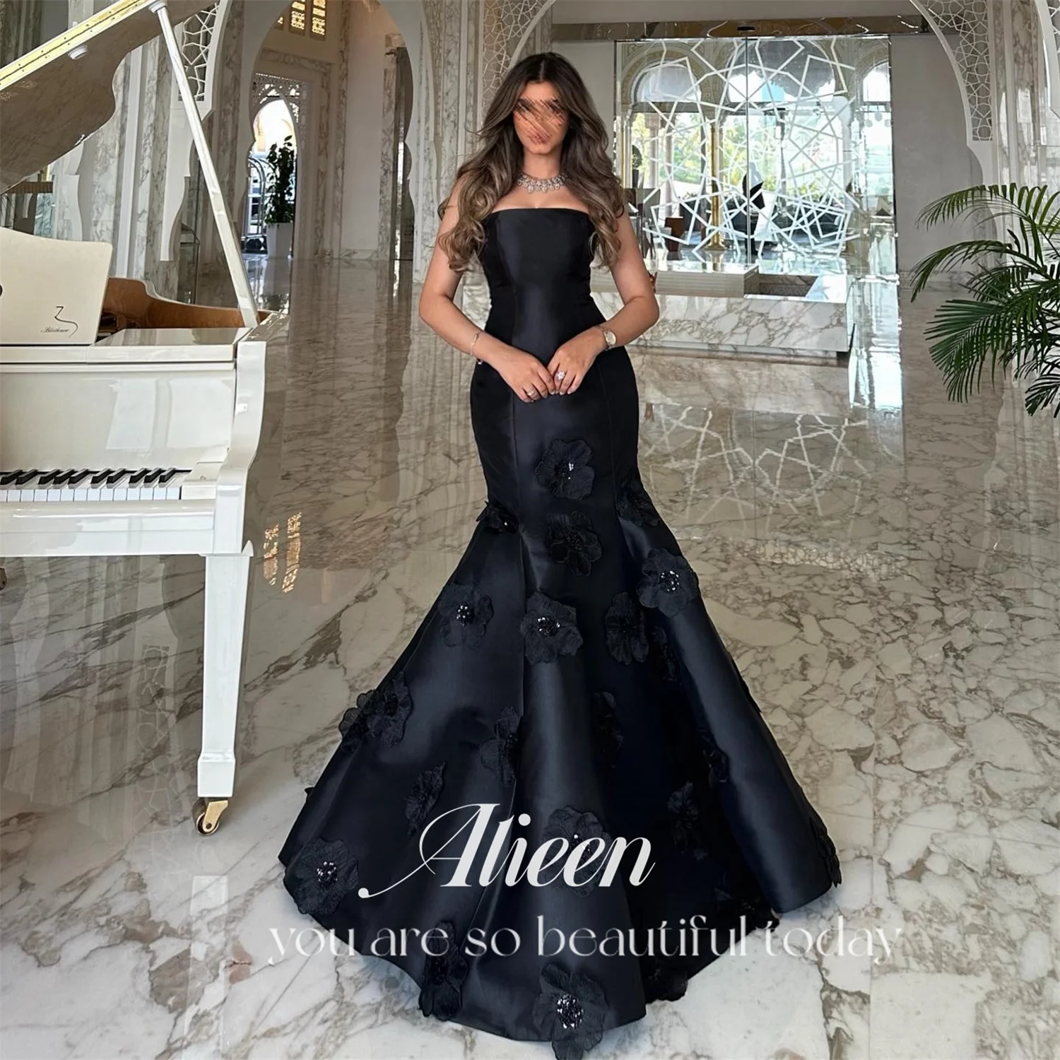 Aileen Satin 3D Flowers Off the Shoulders Black Robe De Soiree Femmes Sharon Happy Evening Dresses for Formal Occasions Party