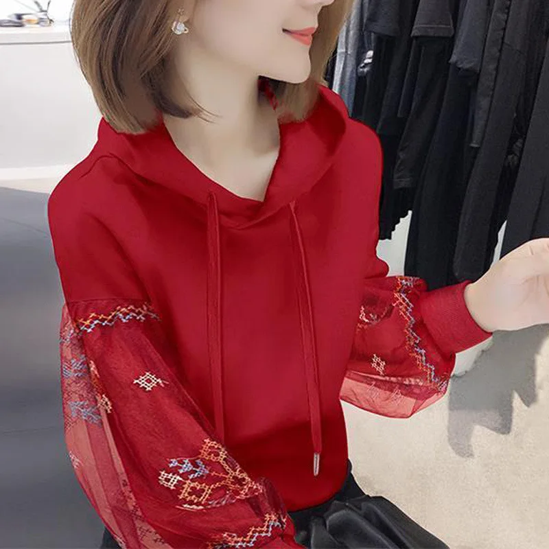 Autumn Winter Korean Fashion Women\'s Red Mesh Embroidered Loose Fleece Pullover Hoodie Long Sleeve Top Female Hooded Sweatshirt